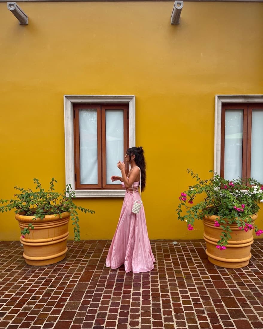 Pink Pleated Chiffon High-Low Gown - Image 4