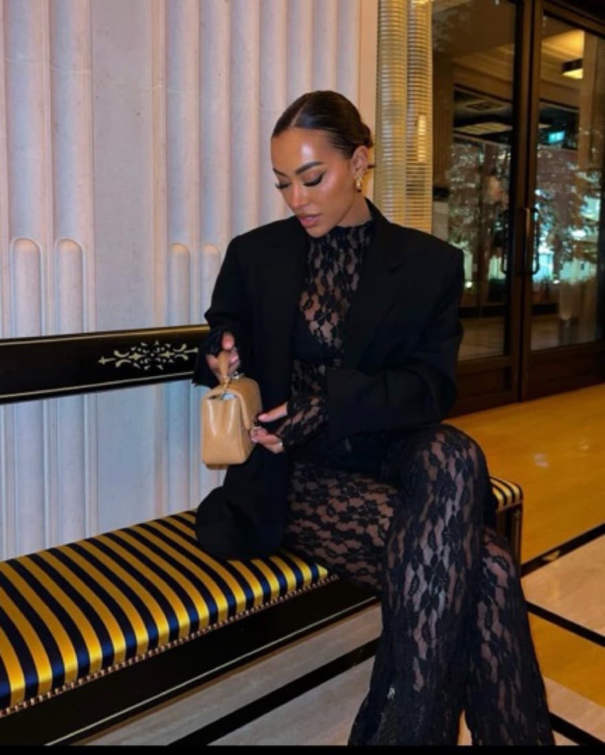 3 Pc Lace Bodysuit +Flare Pant + Blazer - Image 2