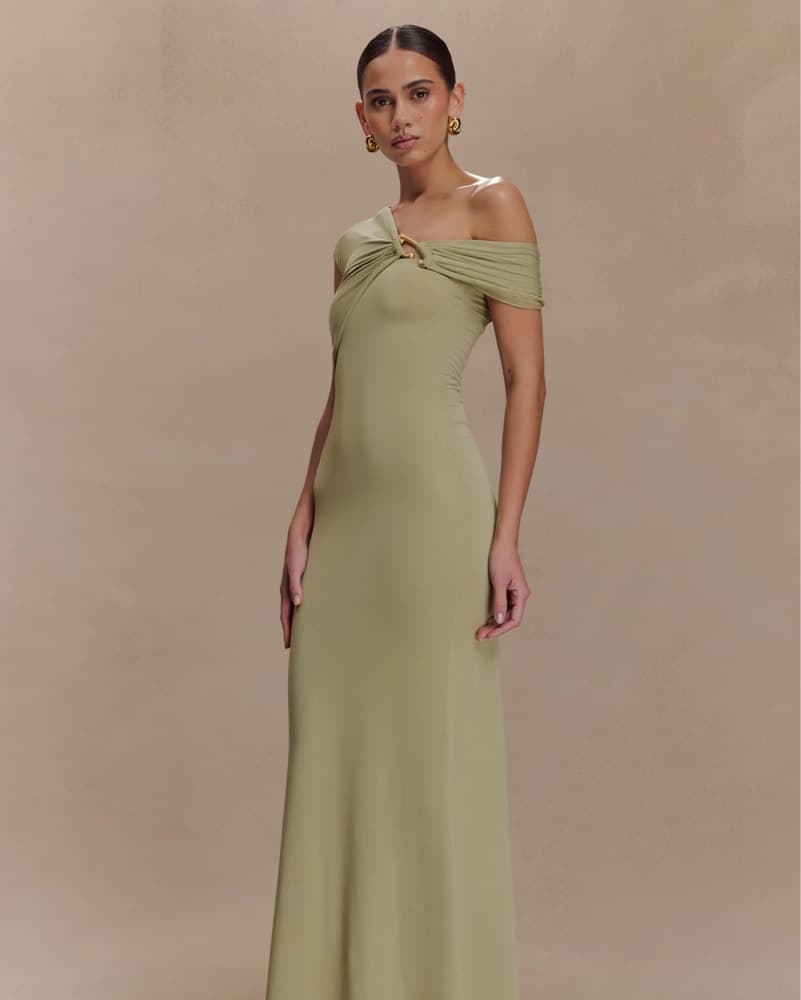 Asymmetrical Slinky Maxi Dress - Sage - Image 2