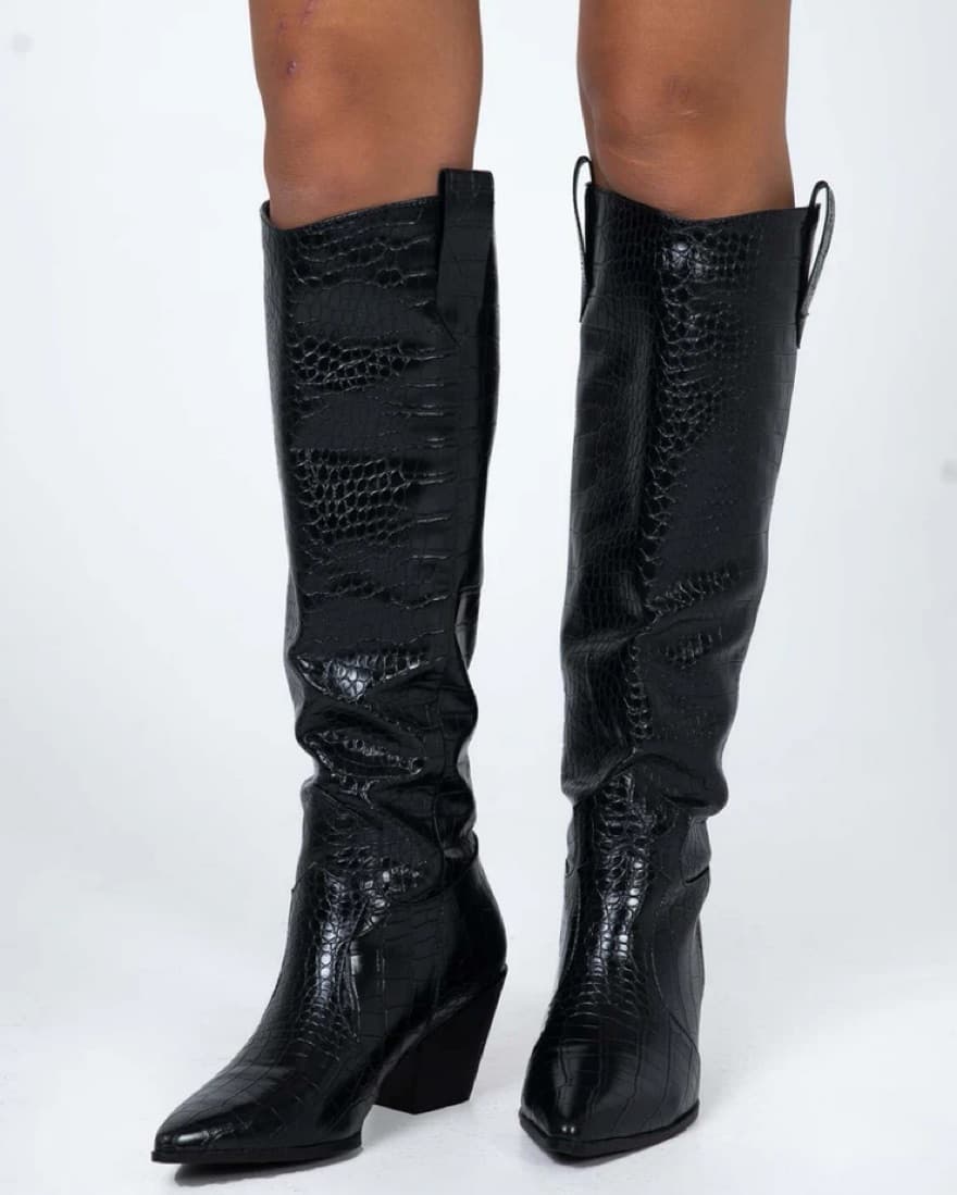Black Croc Faux Leather Knee High Boot - Image 3