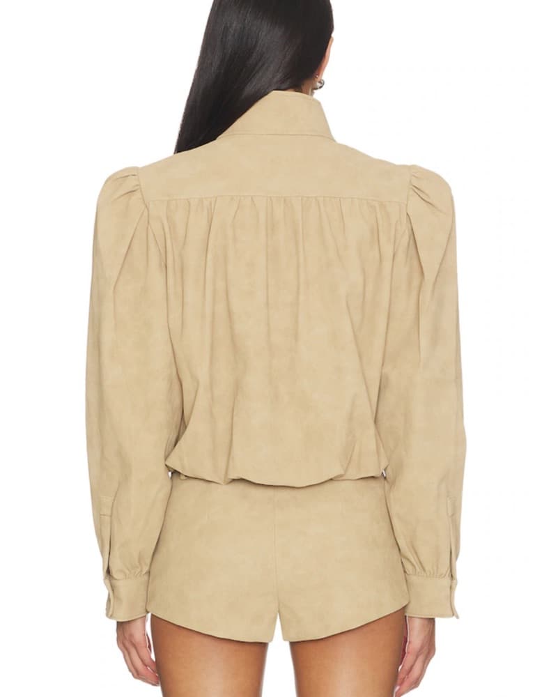 Funnel Neck Leather Jacket In Beige  - Image 4
