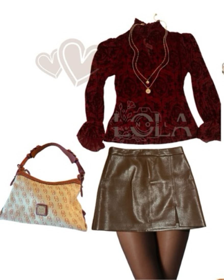 Elegant Burgundy Lace Blouse with Leather Miniskirt - Image 2