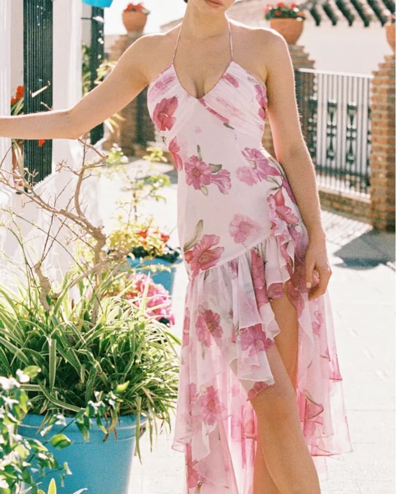 Vibrant Floral Halter Midi Dress - Image 1