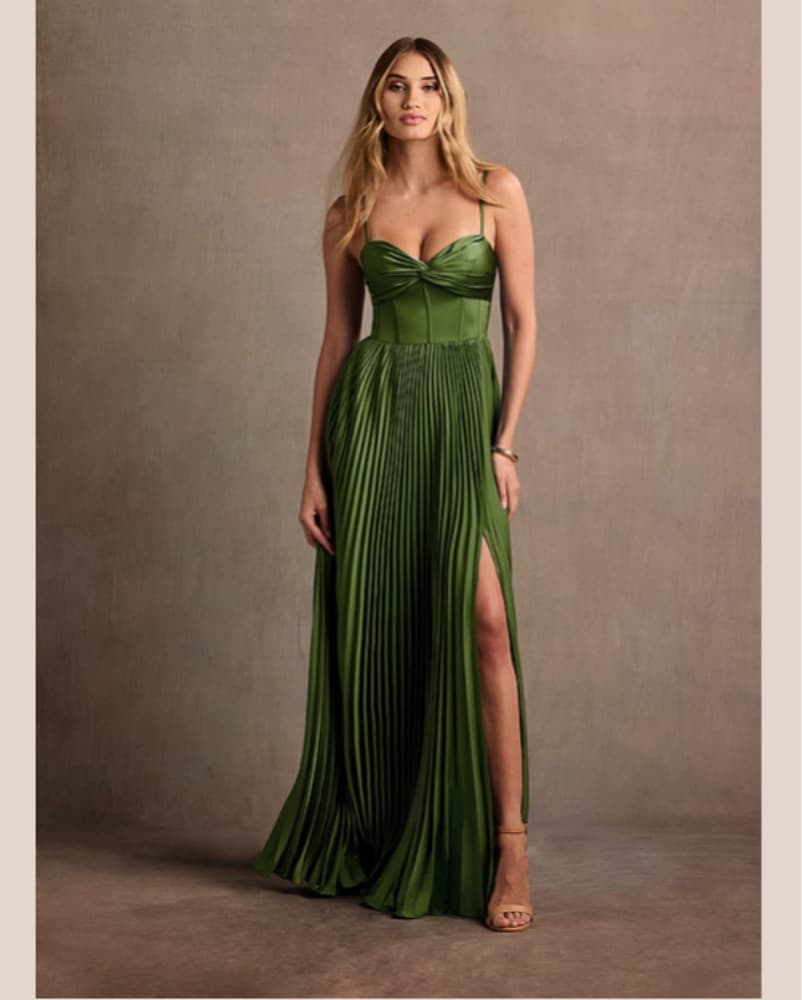 Tyla Olive Green Pleated Maxi Dress - Image 1