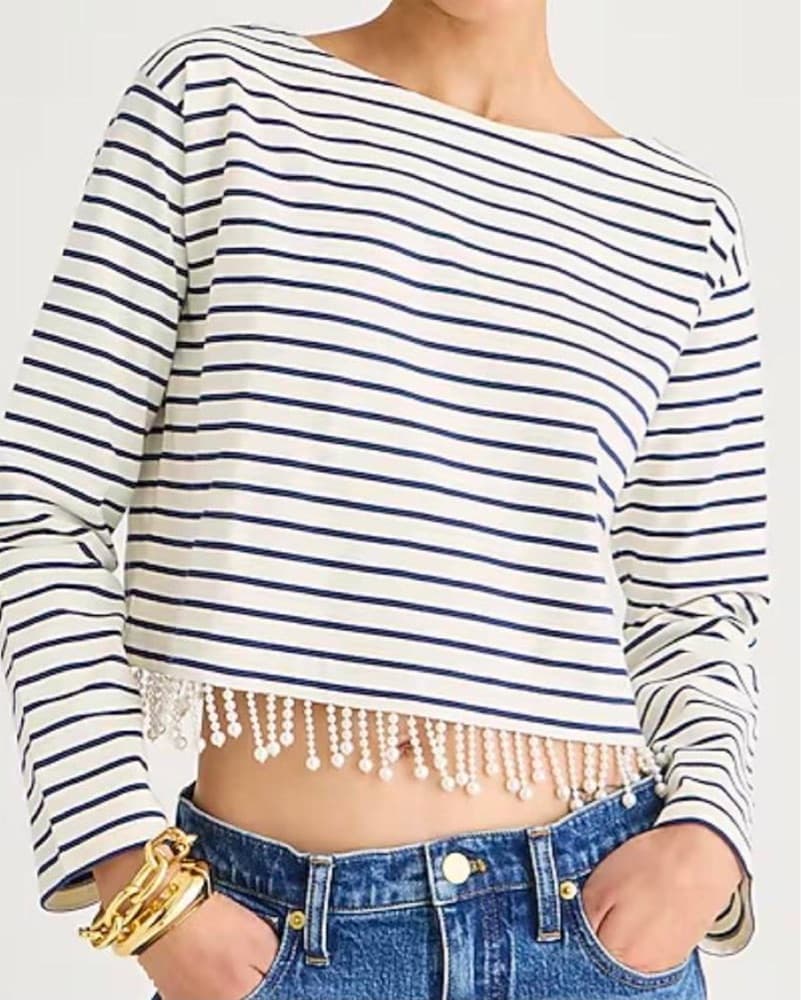 J Crew Navy & White Pearl Fringe Top - Image 1