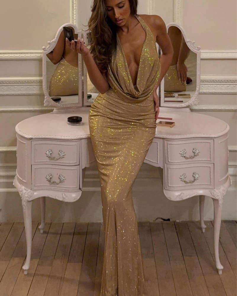 Oh Polly Gold Cowl Neck Dress - Image 1