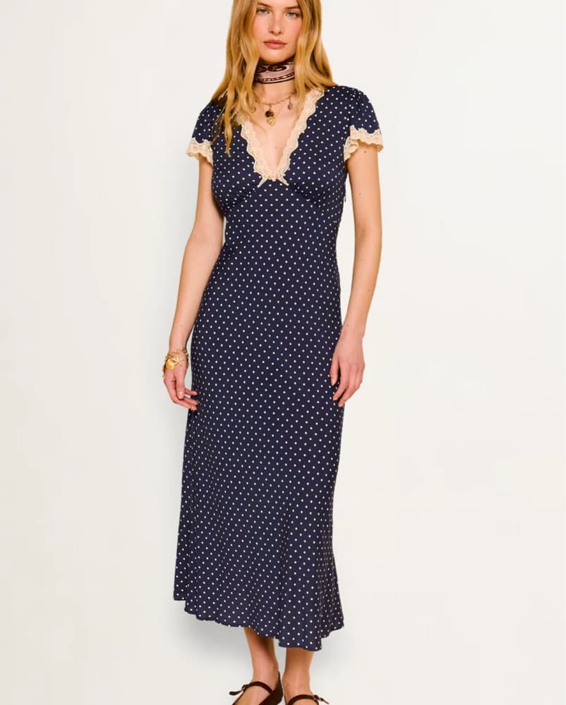 RIXO Clarice Navy Polka Dot Lace Dress - Image 2