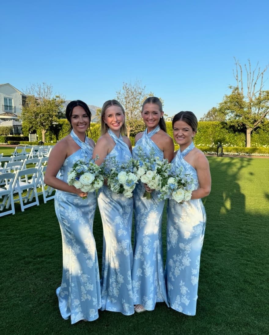 Blue And White Floral Satin Formal Dress - Image 2