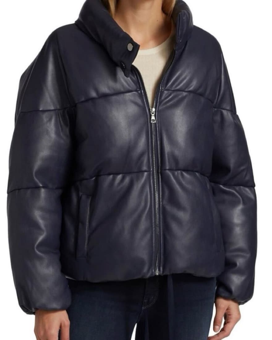Navy Leather Puffer Jacket - Image 1