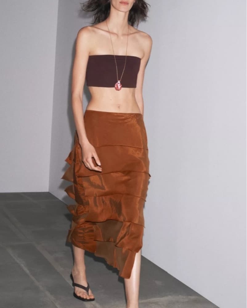 Zara Rust Suede Ruffle Midi Skirt - Image 2