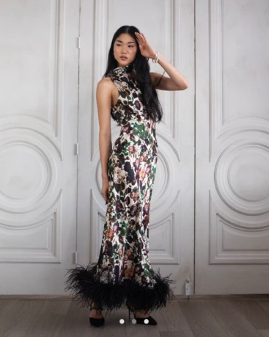One Sleeve Floral Silk  Fur Maxi Dress  - Image 3