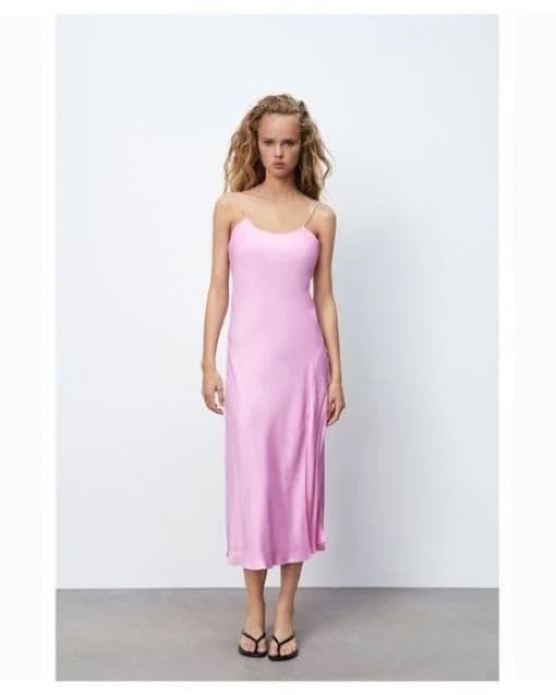 ZARA Pink Satin Slip Midi Dress - Image 1