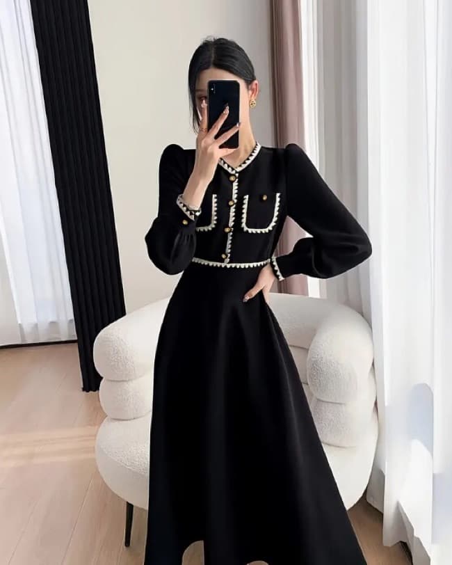 Contrast Trim Cuff Sleeve Button Dress,  - Image 1