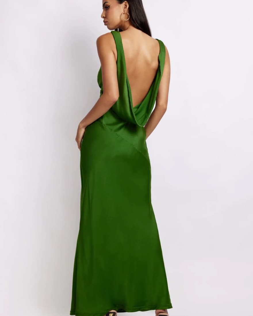 Maxi Satin Dress With Back Cowl - Emeral - Image 1