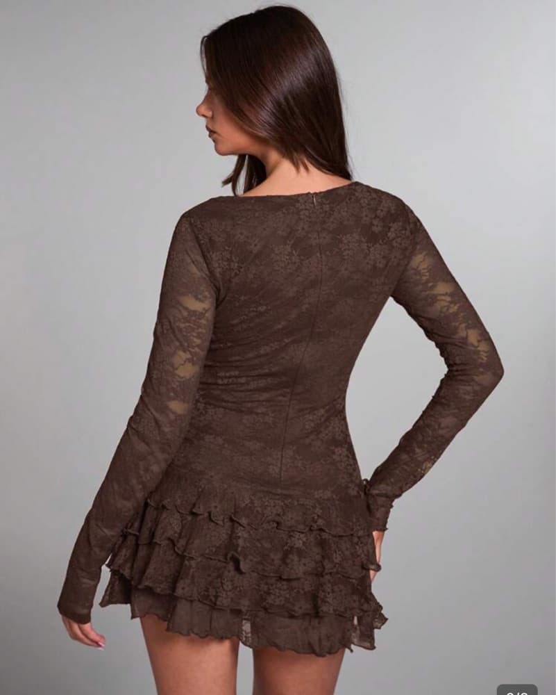 Brown Lace Ruffled Mini Dress - Image 3