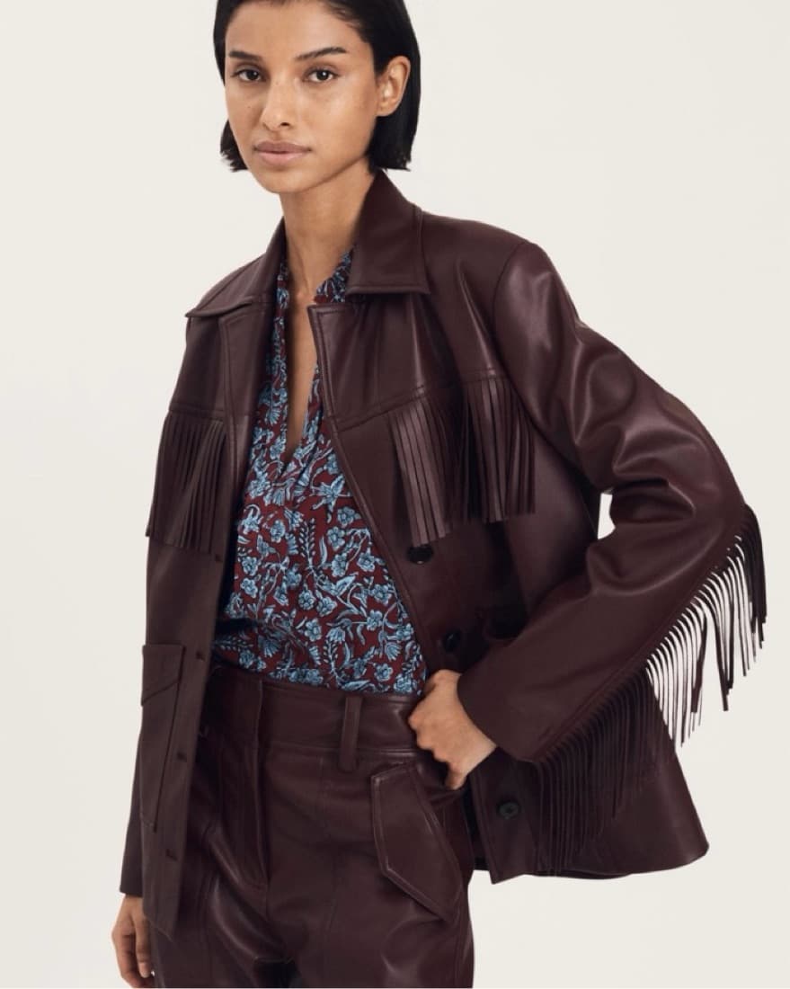 Fringed Leather Jacket with Floral Print Blouse - Image 2