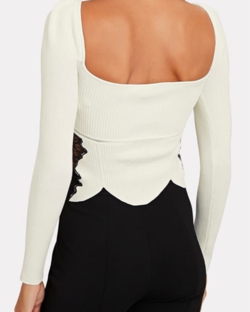 White Ribbed Knit Lace-Trimmed Top - Image 3