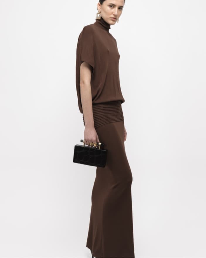 Elegant Brown Maxi Dress with Cascading Drape - Image 1