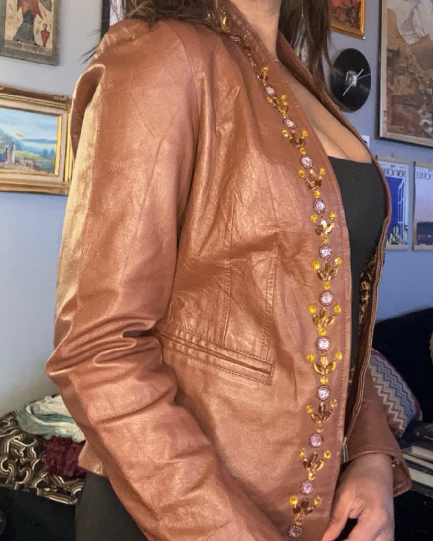 Embellished Brown Leather Jacket - Image 3