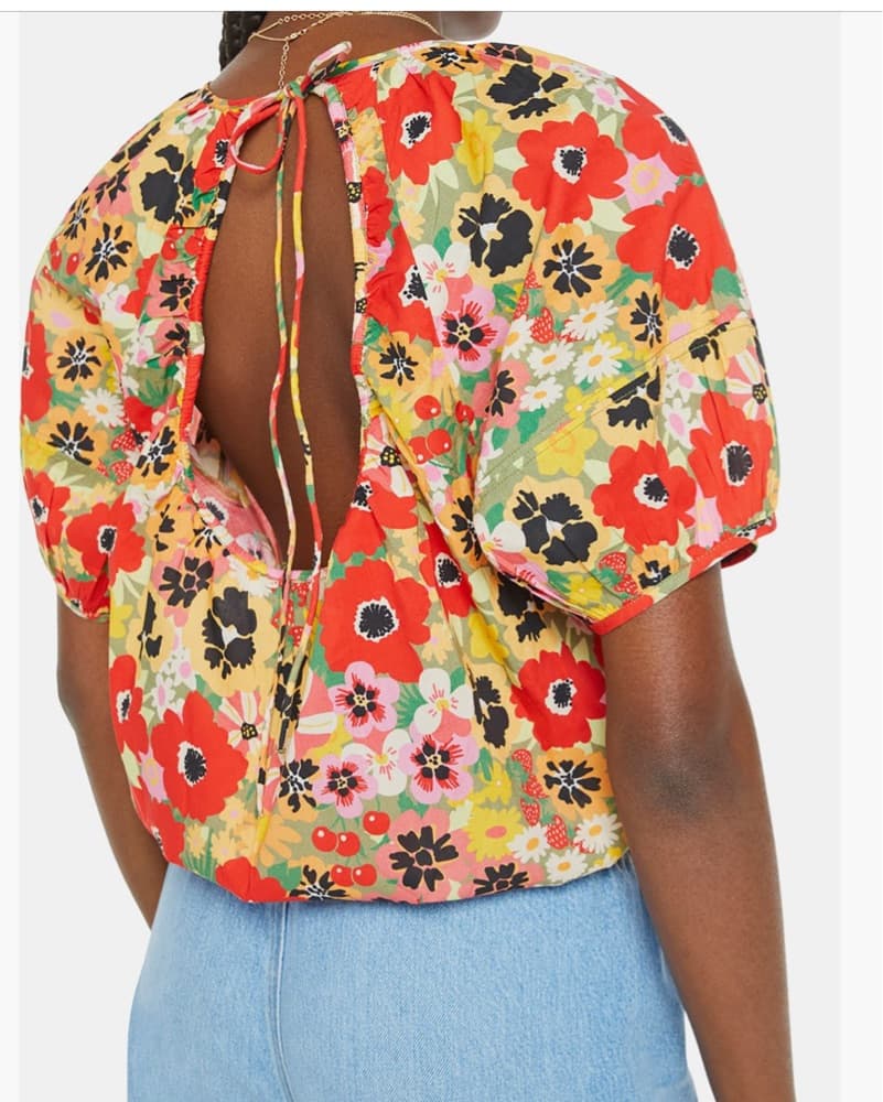 Vibrant Floral Puff-Sleeve Crop Top - Image 2