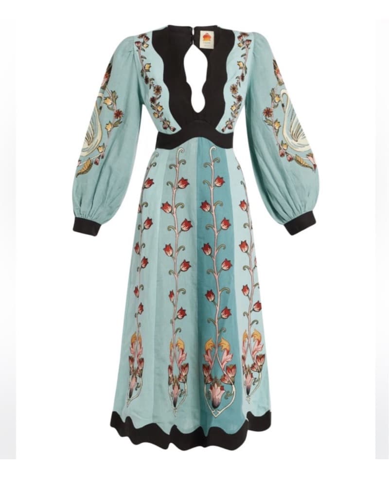 Elegant Floral Midi Dress with Balloon Sleeves - Image 1