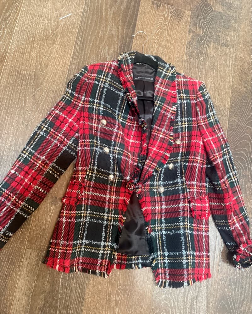Zara Tartan Plaid Tweed Blazer XS - Image 3