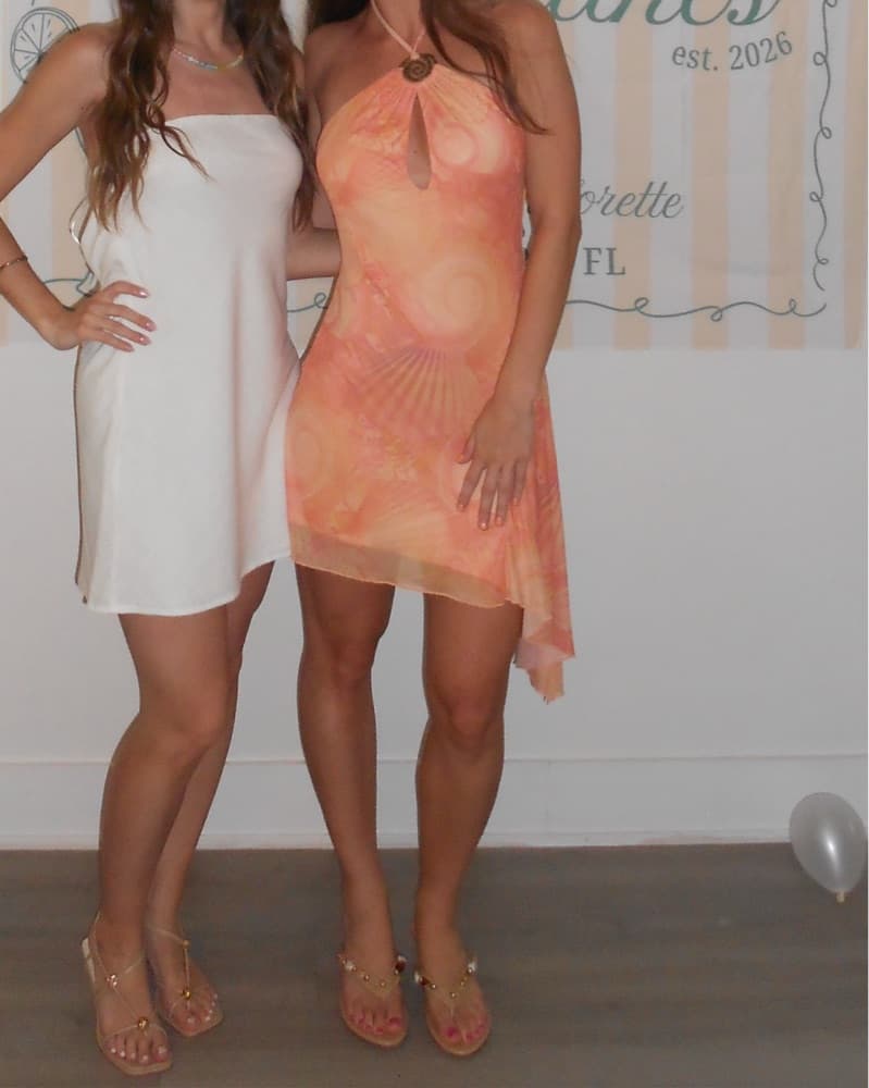 Orange Shell Print Mesh Halter Dress - Image 1