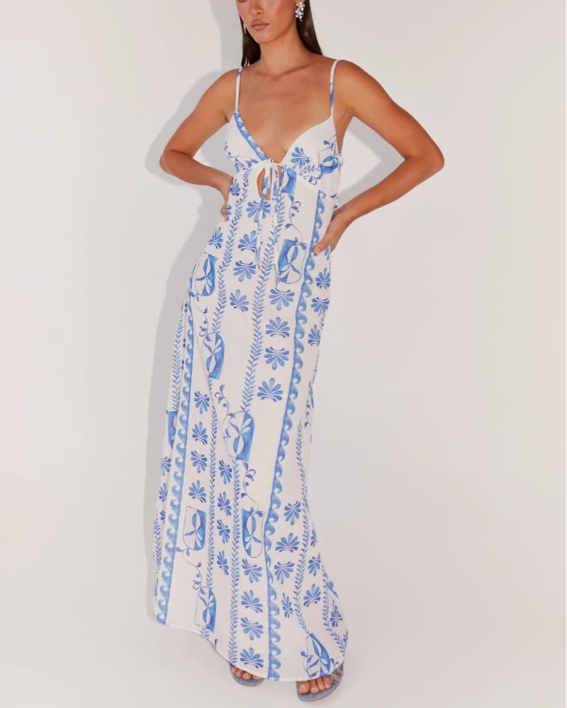 white and blue linen maxi dress  - Image 1