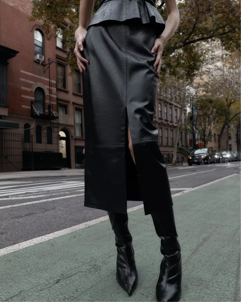Sleek Faux Leather Midi Skirt    - Image 1