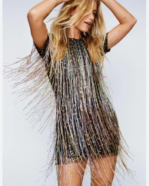 Tassel Beaded Mini Shift Dress - Image 1