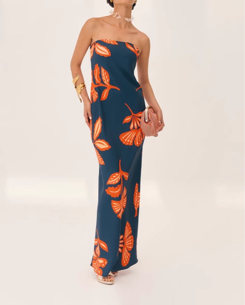 Tropical Floral Strapless Maxi Dress - Image 1
