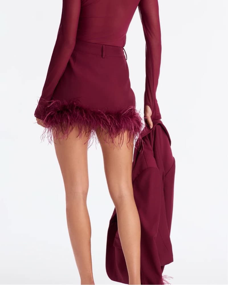 Maroon Feather-Trimmed Skirt Set - Image 5