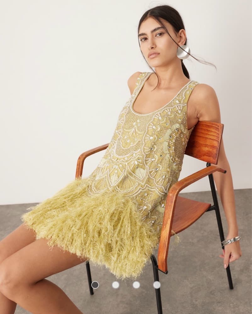 EmbellishedFeather Green Mini Dress - Image 1