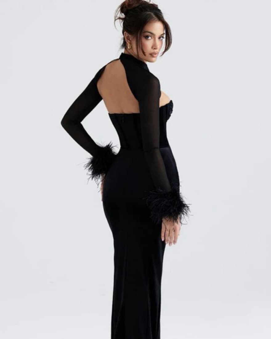 Elegant Black Velvet Gown with Feathered Cuffs - Image 2