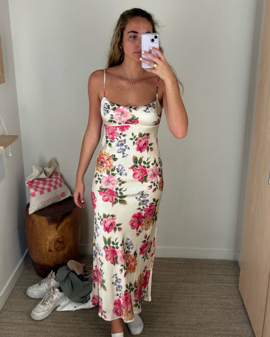Formal Floral Silky Reformation Dress - Image 4
