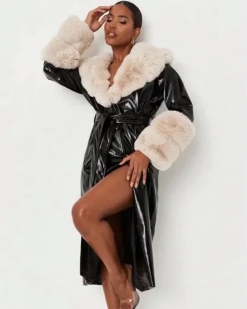 Chic Faux Fur Trimmed Feaux Leathe Coat - Image 2