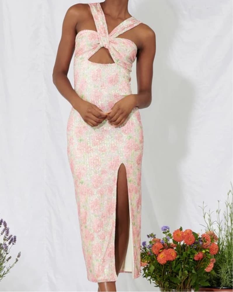 Floral Sequin Cutout Midi Dress - Image 1