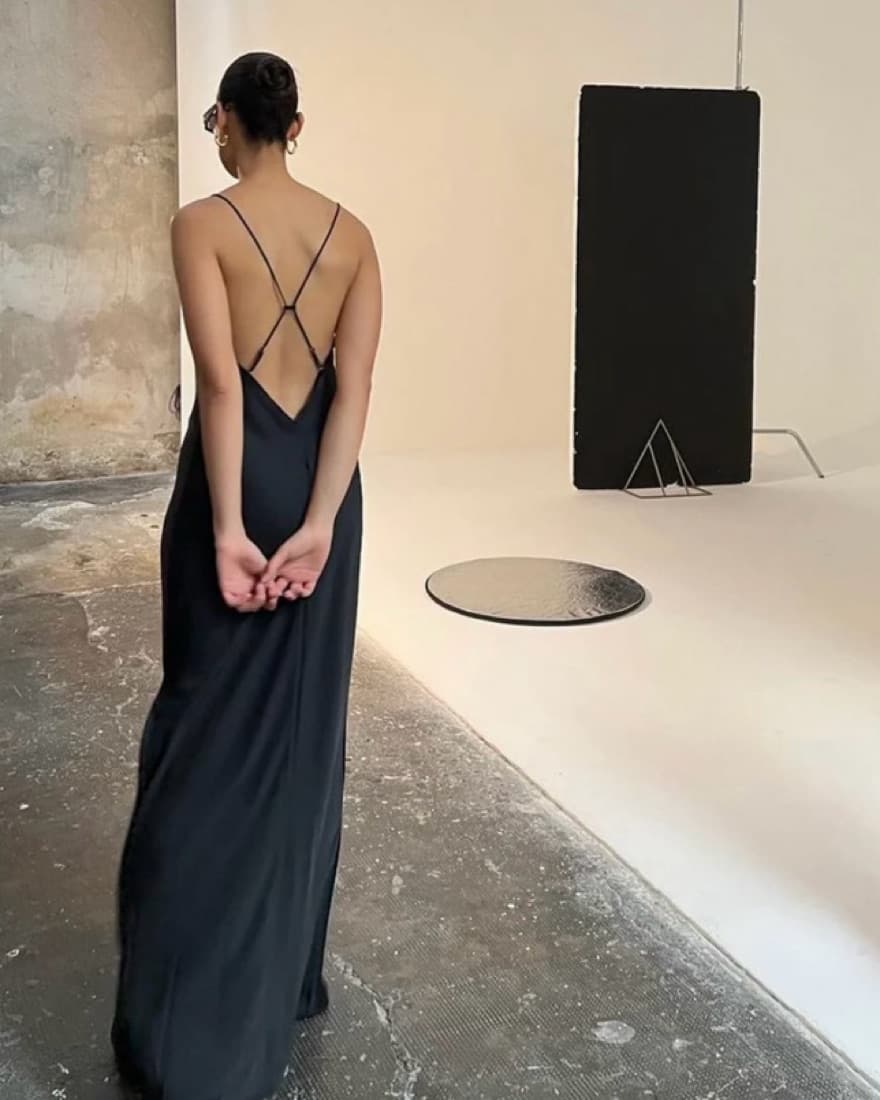 RAW EDGE SATIN CAMI DRESS - BLACK - Image 3