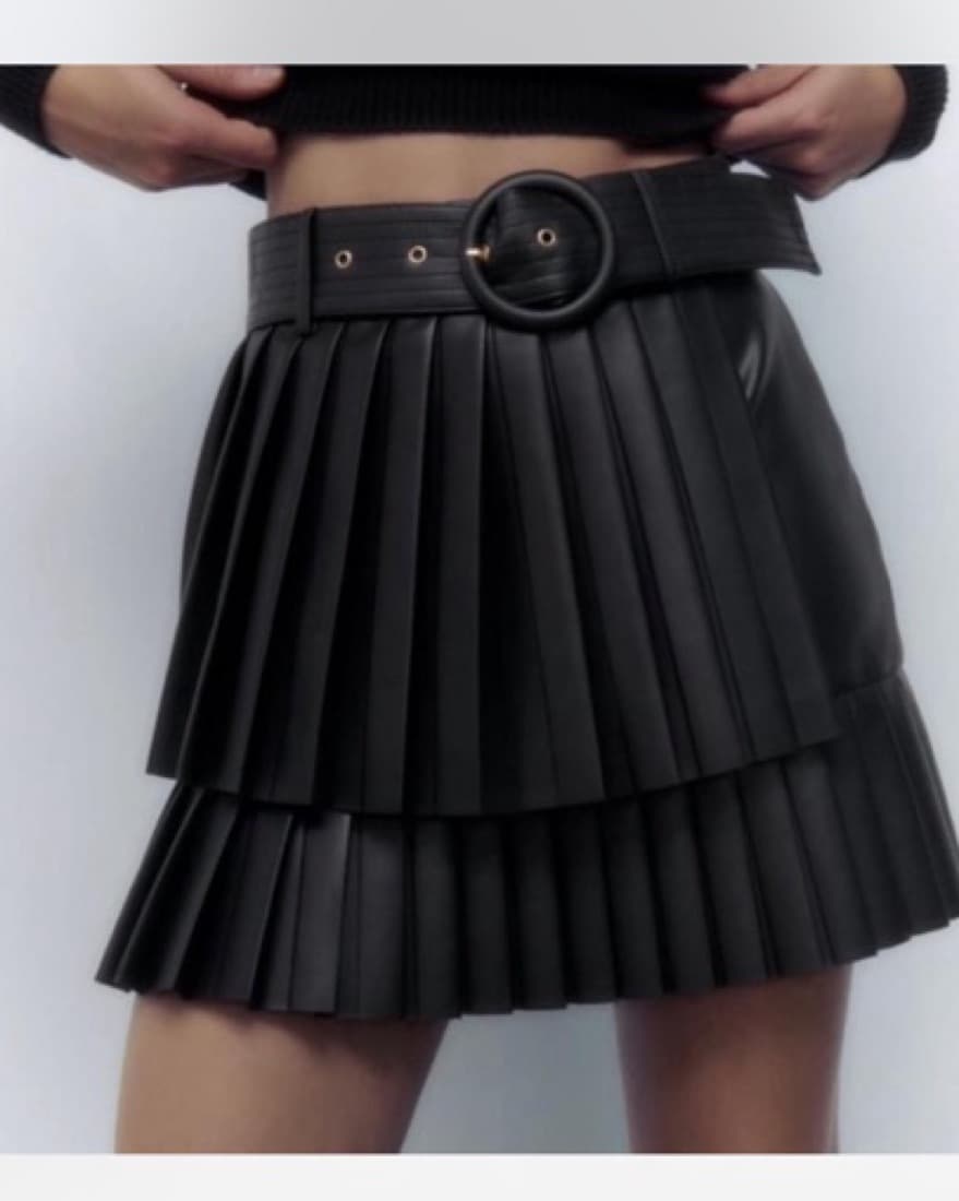 Zara Black Belted Pleated Leather Skirt - Image 1