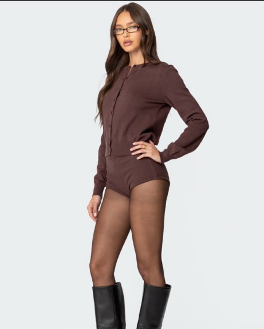 Brown Cardigan And Micro Mini Short Set - Image 4