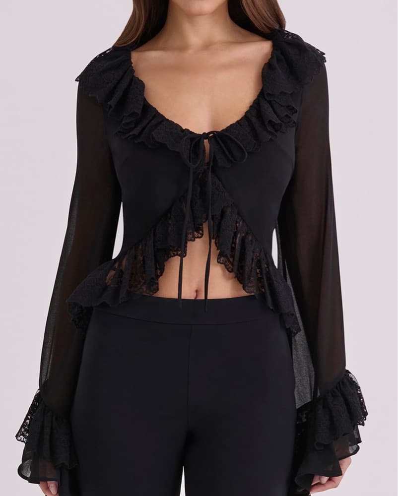 Ruffled Black Blouse with Lace Accents - Image 1