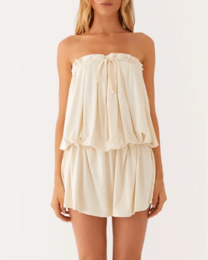 Flowy Cream Strapless Dress - Image 4