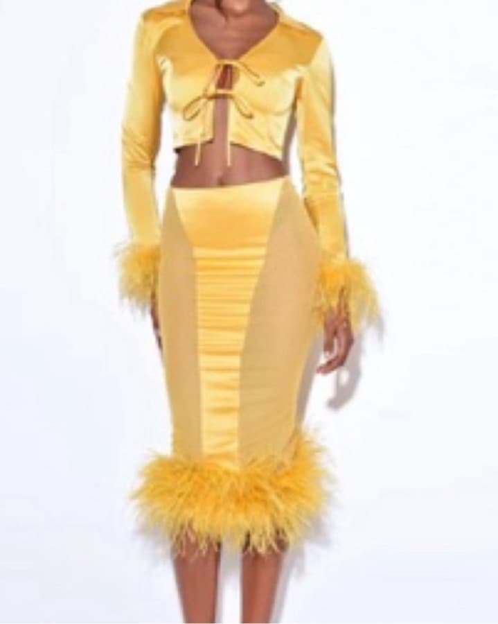 Melissa Yellow Feather Trim Satin Top &  - Image 2