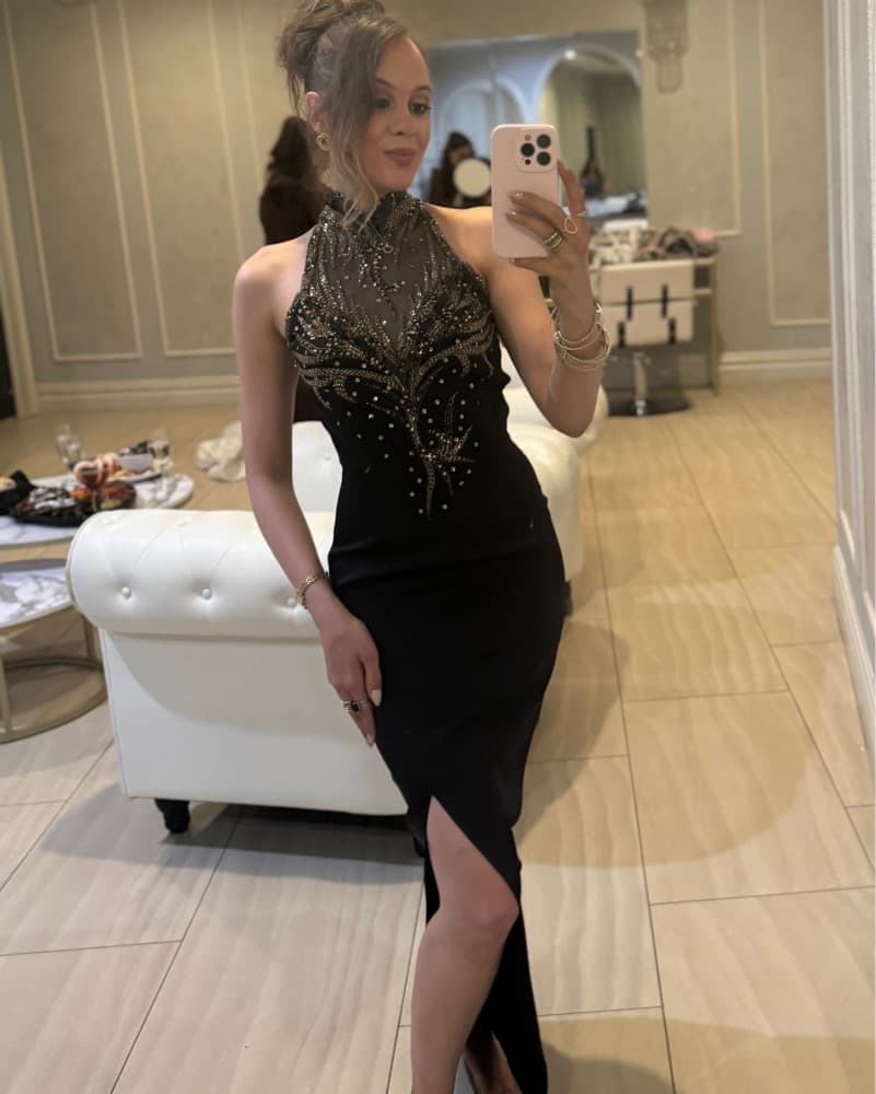 Glamorous Sequin Halter Gown with Thigh High Slit - Image 1