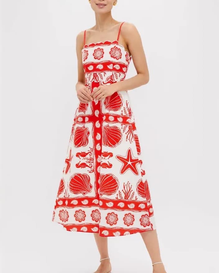 Moon River Red White Scallop Midi Dress - Image 1