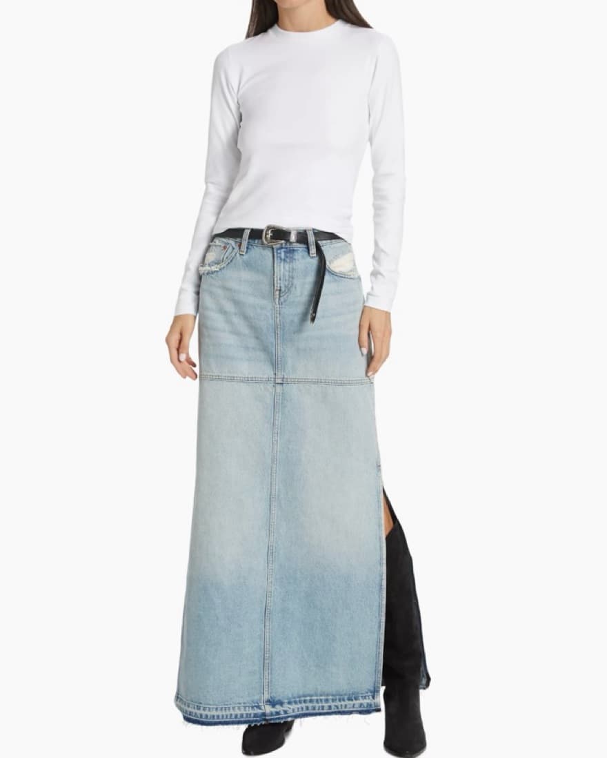 Distressed A-Line Denim Skirt - Image 1