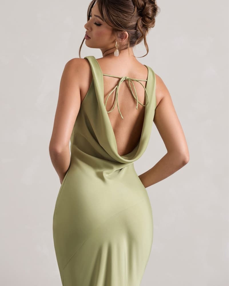 Light Olive Satin Cowl-Neck Maxi Dress - Image 2