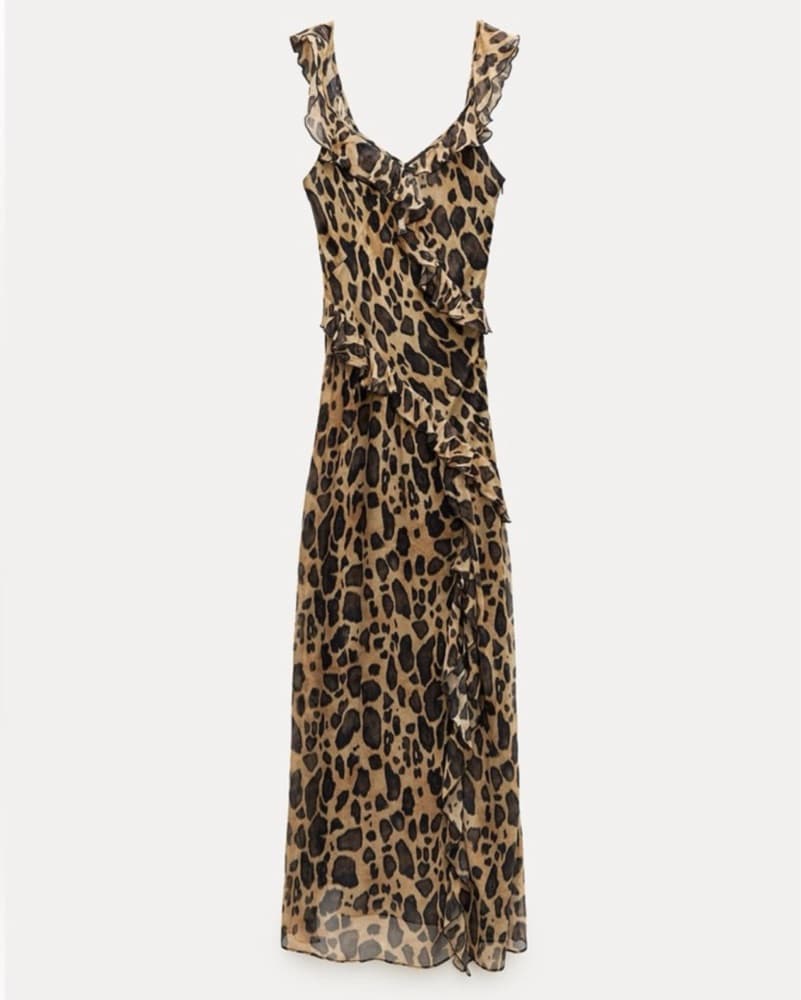Ruffled Animal Print Slit Dress - Image 1