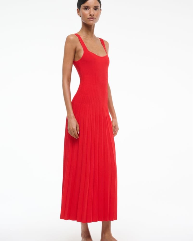 Vibrant Red Pleated Midi Dress - Image 2