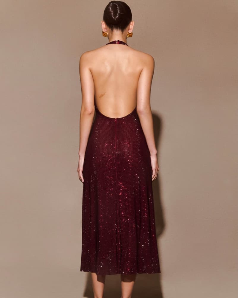 Burgundy Sequined Halter Gown - Image 2